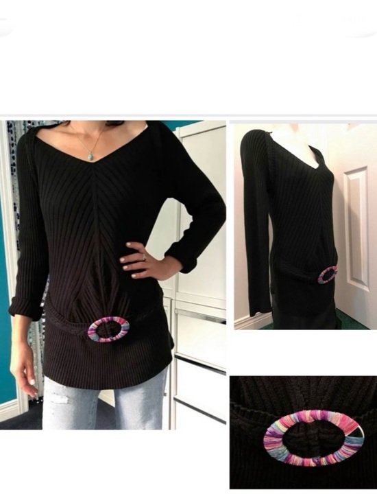 alison sheri Sweaters - Long black rib-knitted sweater w/integrated belt & its  multicoloured buckle